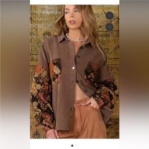 POL Brown Button-Up Shirt with Floral Patchwork Sleeves